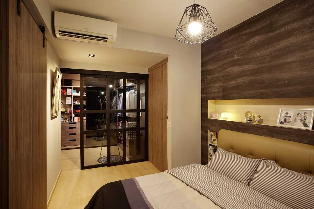 Eclectic Bedroom with Parquet Floor and Feature Wall