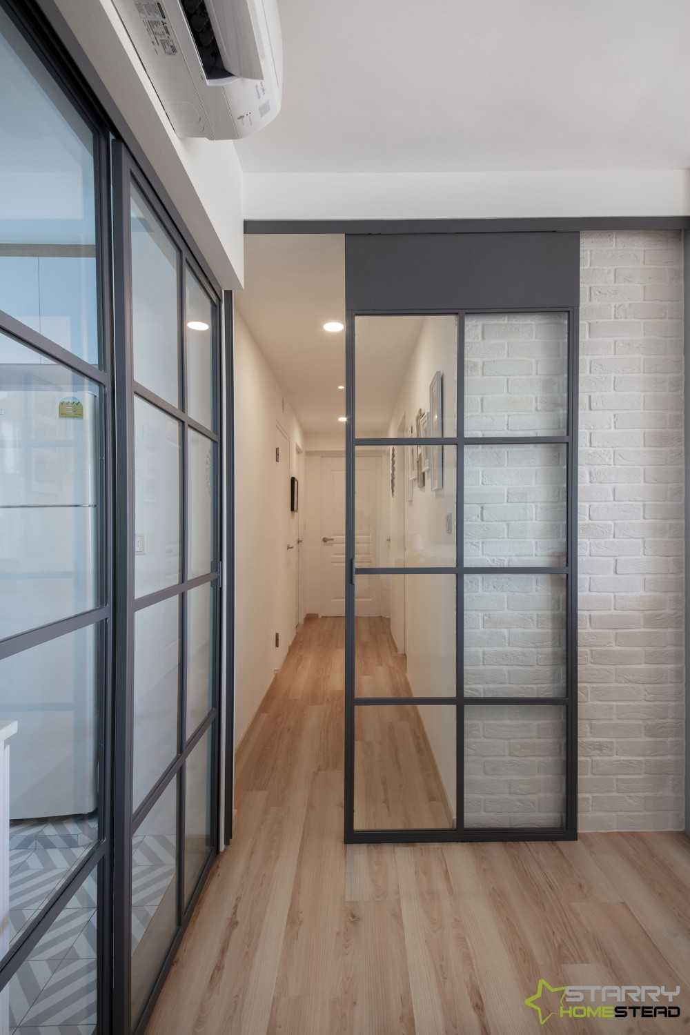 Scandinavian Hallway with Feature Wall and Brick Feature Wall