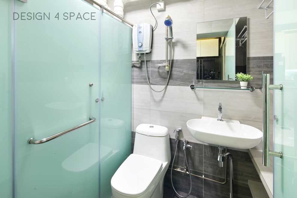 Modern Bathroom with Granite Floor and Wood Flooring