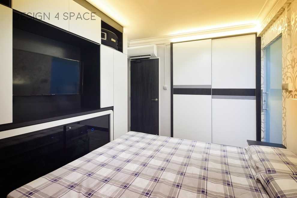 Modern Bedroom with Wood Flooring and Bay Window