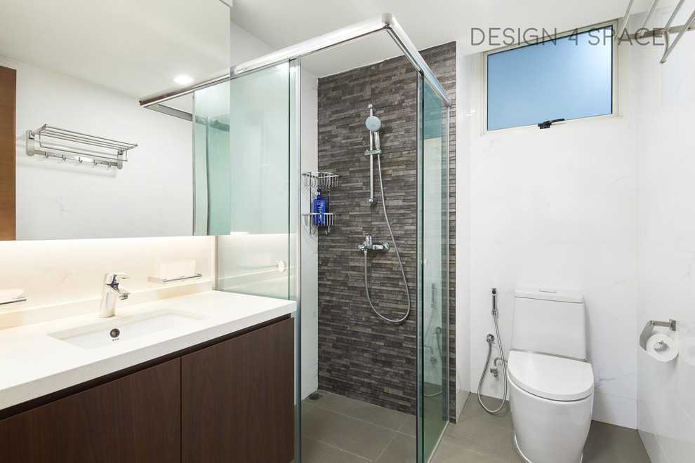 Scandinavian Bathroom with Wood Flooring and Mirror