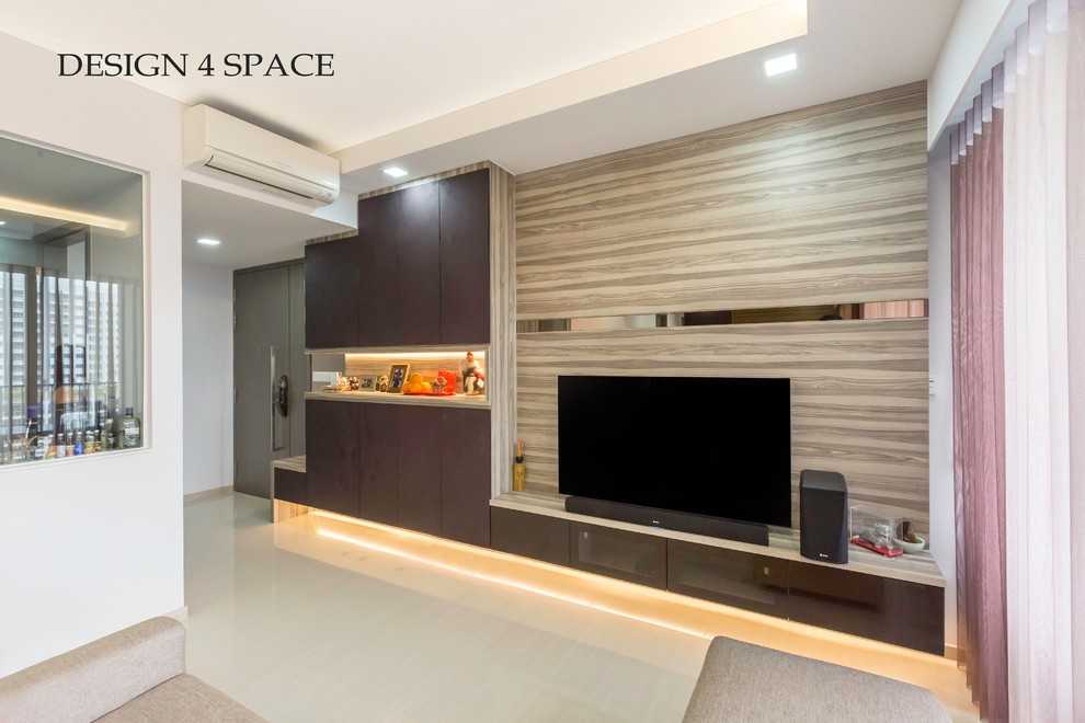 Modern Living Room with Homogeneous Tiles and Wood Flooring