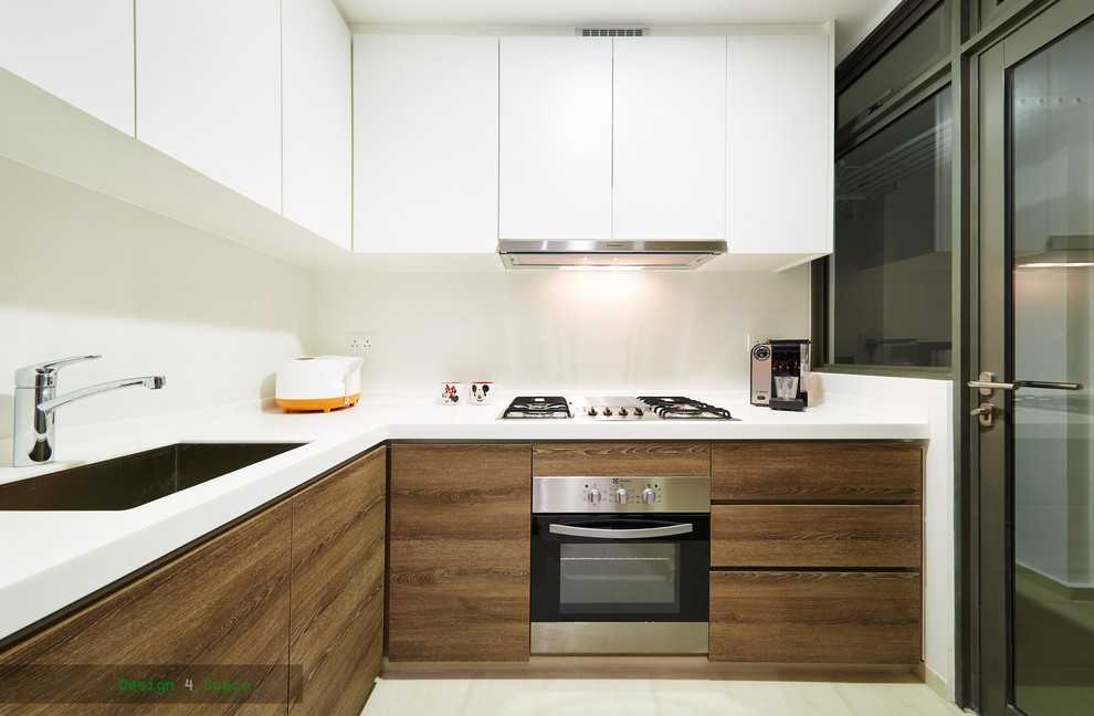 Asian Kitchen with Homogeneous Tiles and Wood Flooring