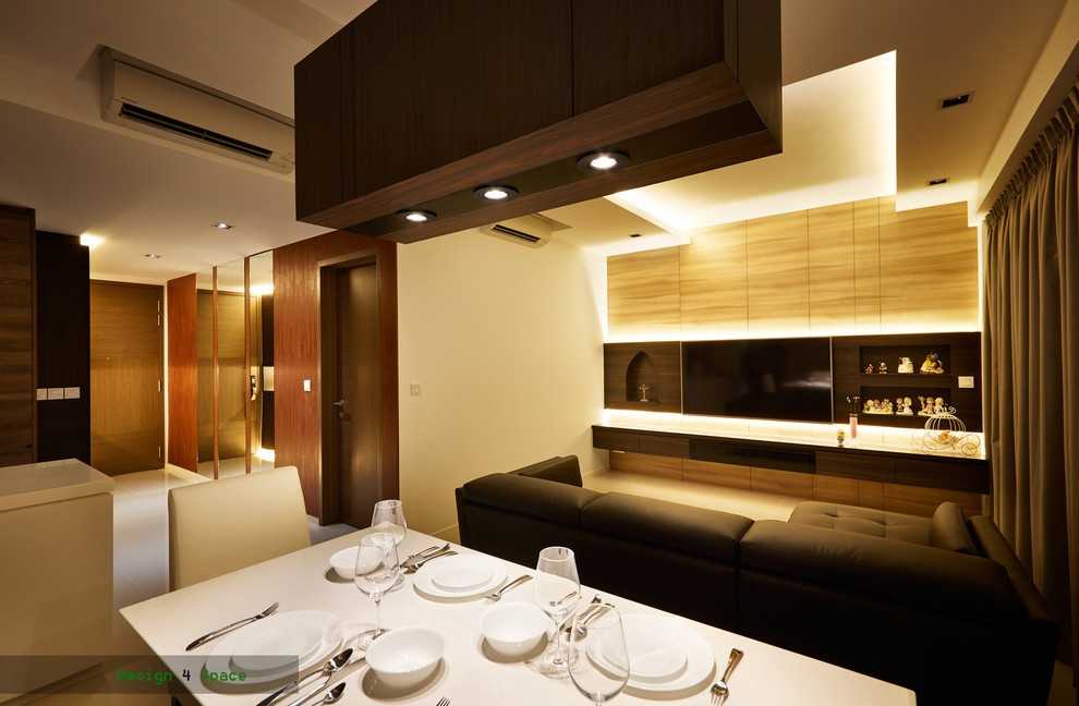 Asian Living Room with Homogeneous Tiles and TV Console