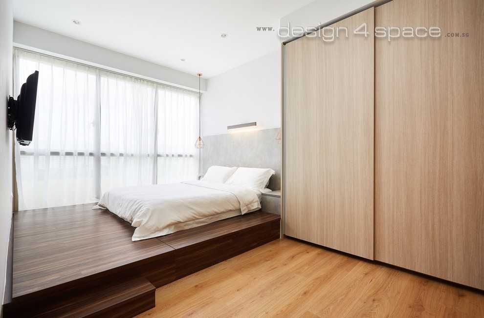 Modern Bedroom with Wood Flooring and Bay Window