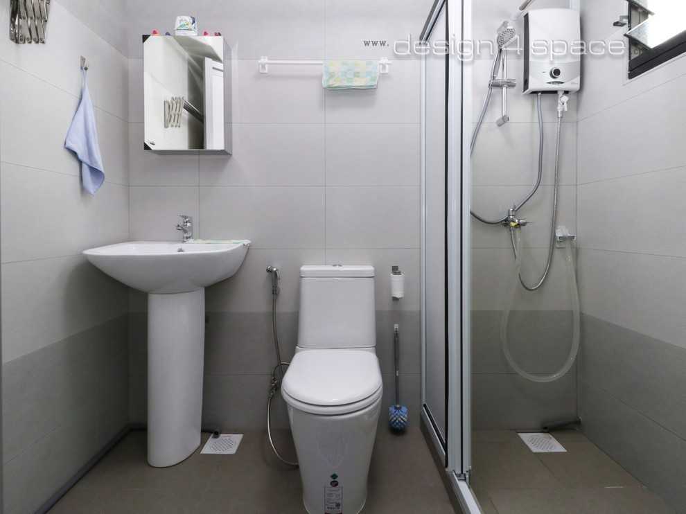 Contemporary Bathroom with Wood Flooring and Mirror