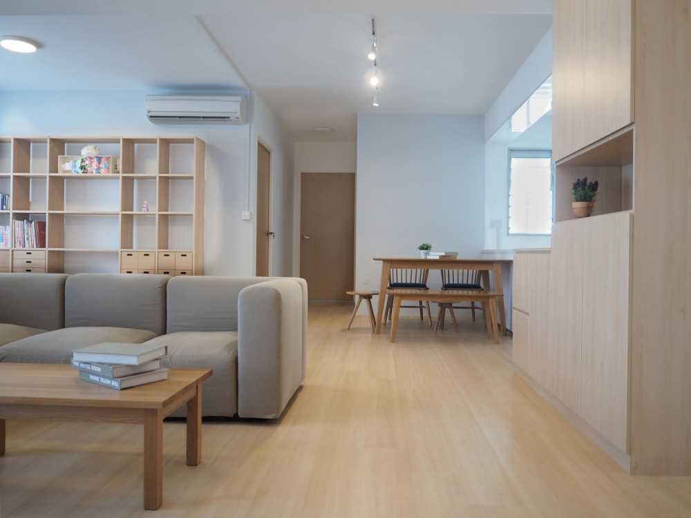 Scandinavian Living Room with Bookshelf and Vinyl Flooring
