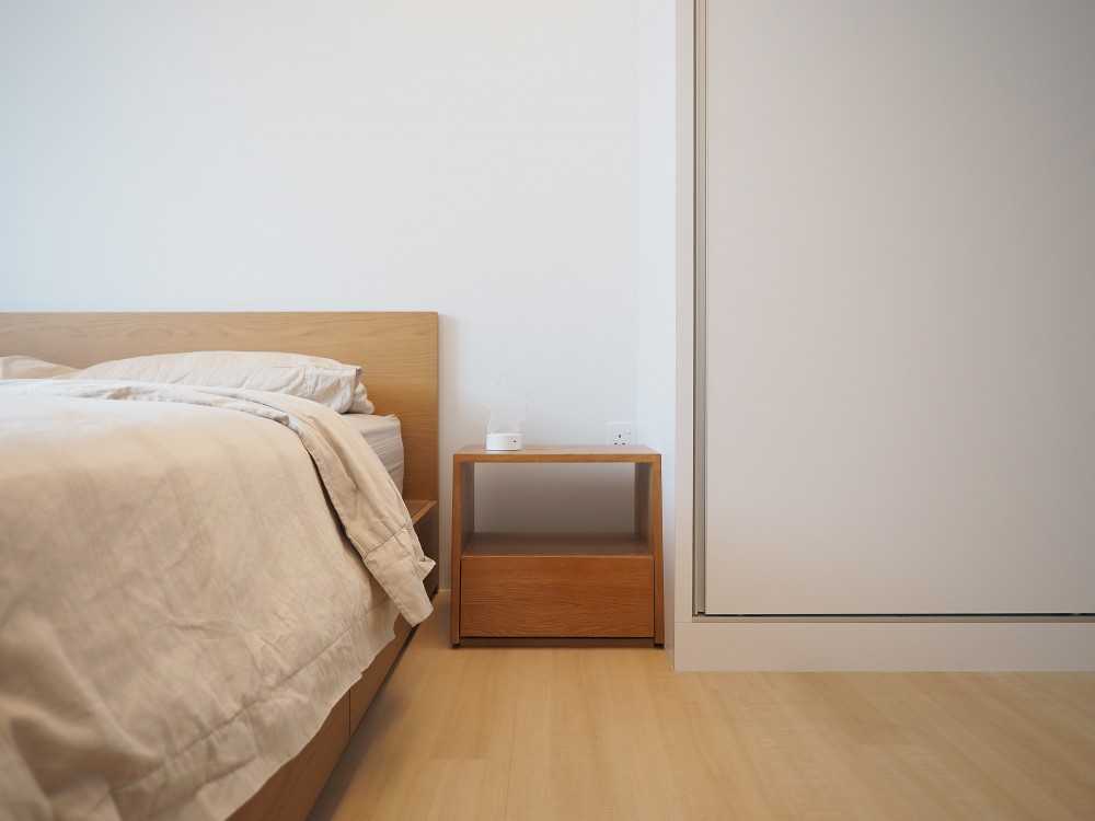 Scandinavian Bedroom with Platform Bed and Vinyl Flooring