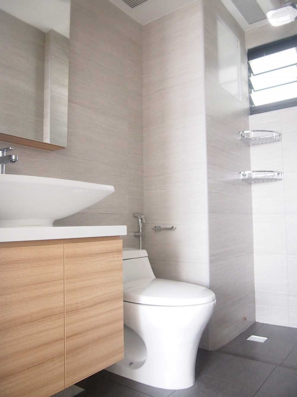 Scandinavian Bathroom with Countertop and Toilet Bowl