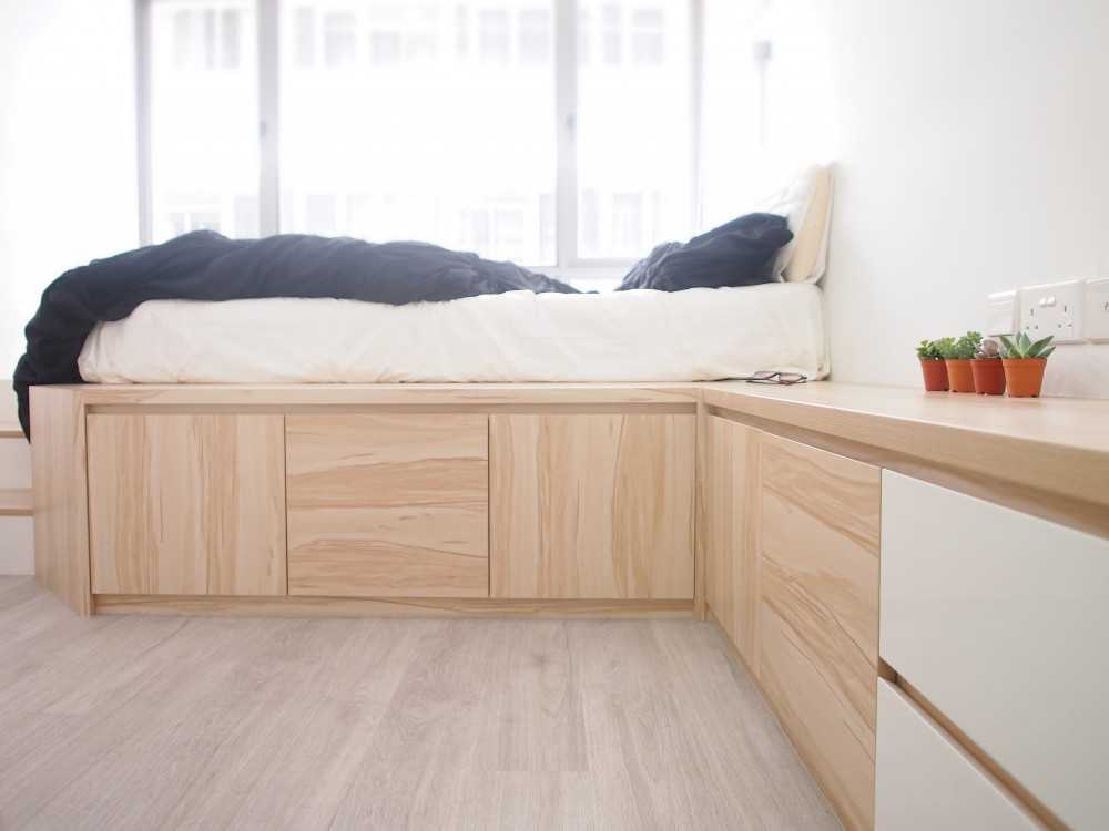 Scandinavian Bedroom with Platform Bed and Built-in Bed
