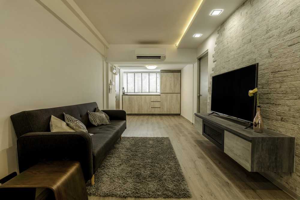 Industrial Living Room with Vinyl Flooring and TV Console