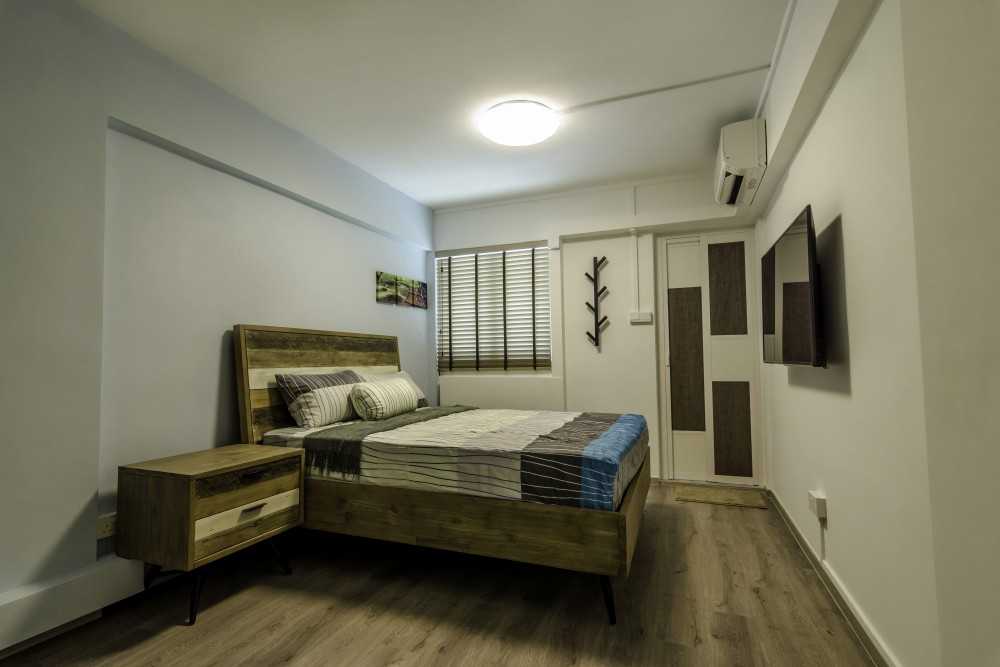 Industrial Bedroom with Vinyl Flooring and Ceiling Light