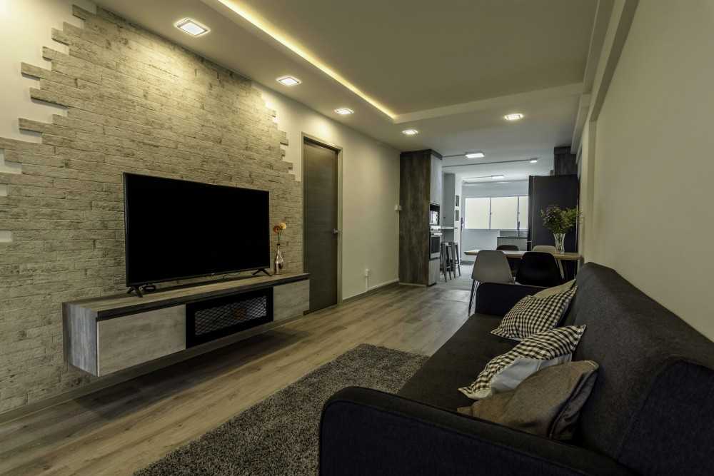 Industrial Living Room with Vinyl Flooring and TV Console