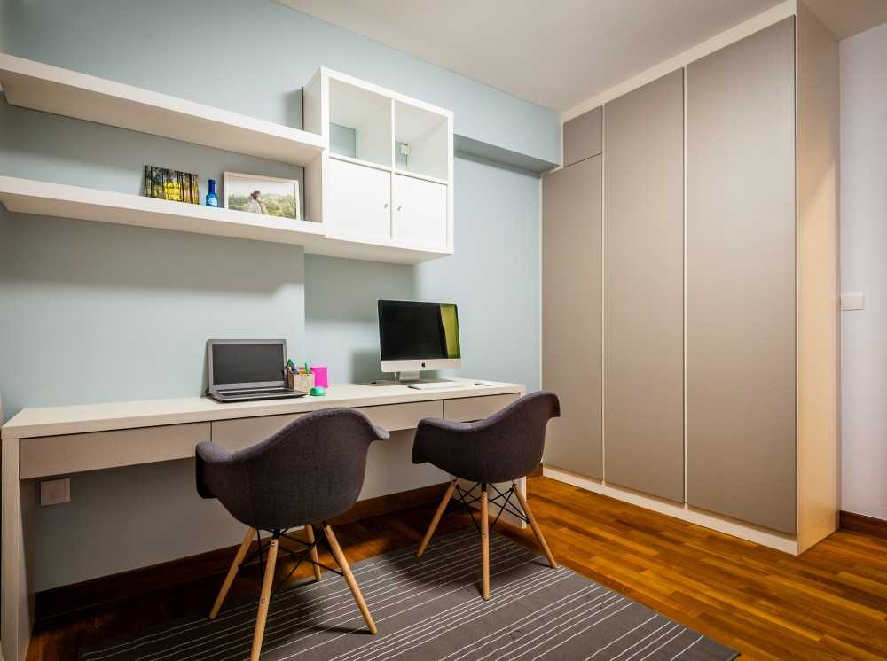 Scandinavian Bedroom with Bookshelf and Parquet Floor
