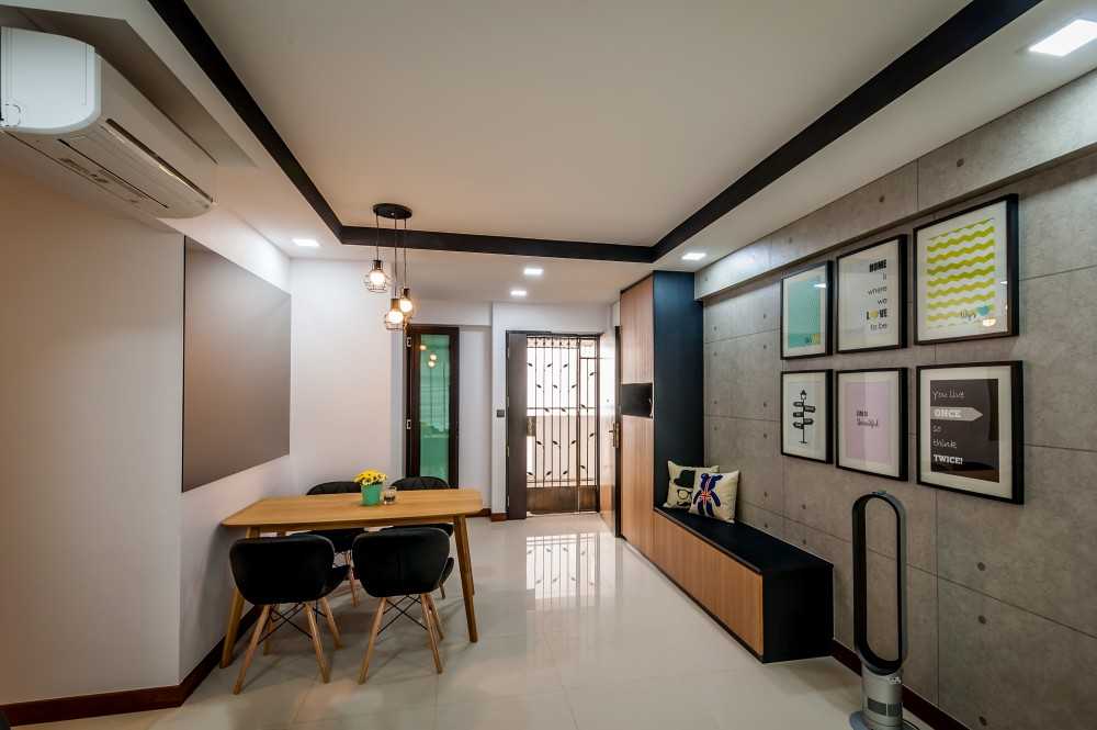 Scandinavian Dining Room with Homogeneous Tiles and Feature Wall