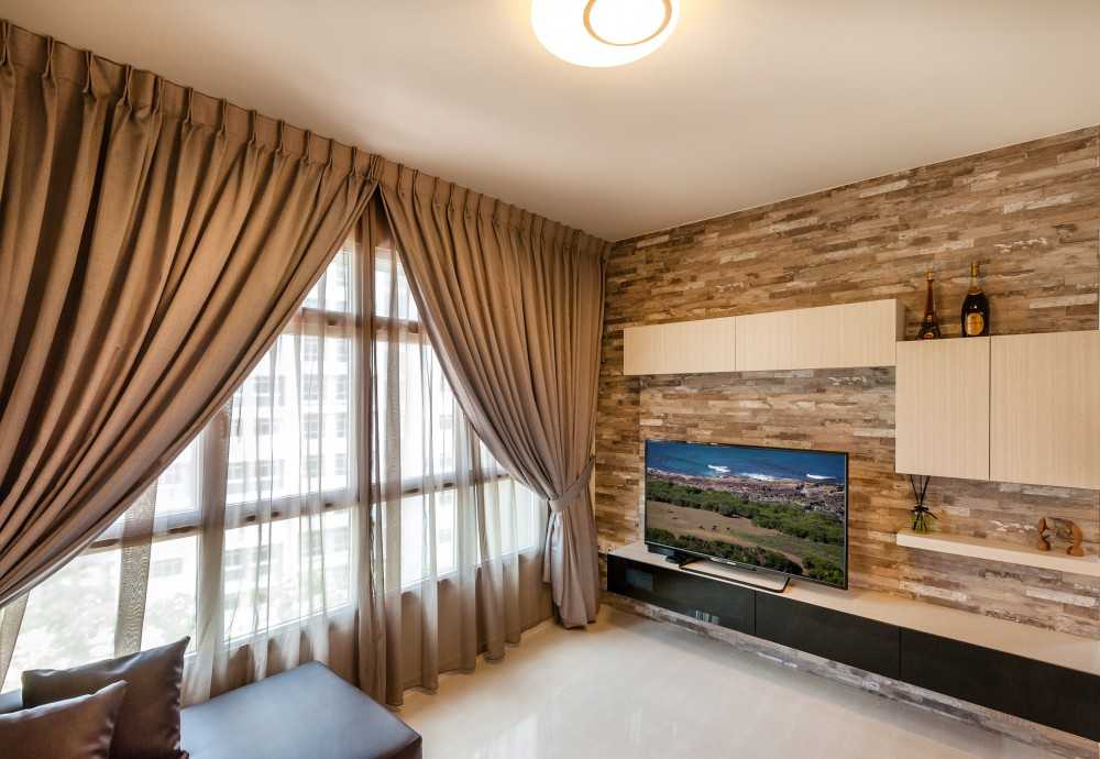 Contemporary Living Room with Homogeneous Tiles and TV Console