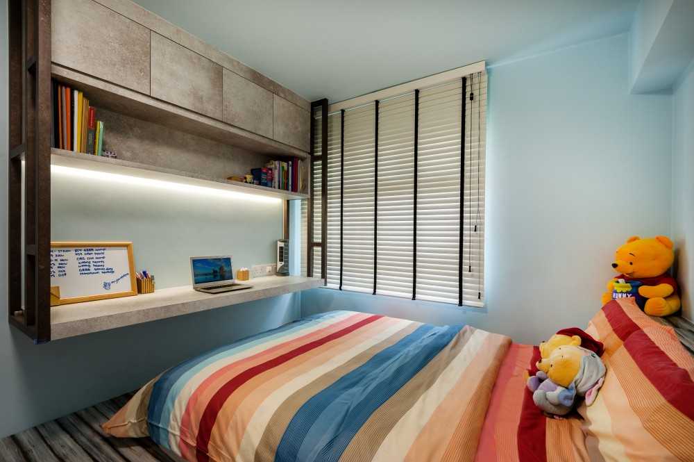 Contemporary Bedroom with Bookshelf and Vinyl Flooring