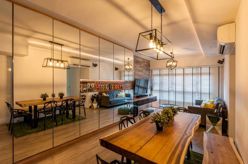 Industrial Dining Room with Mirror and Dining Table