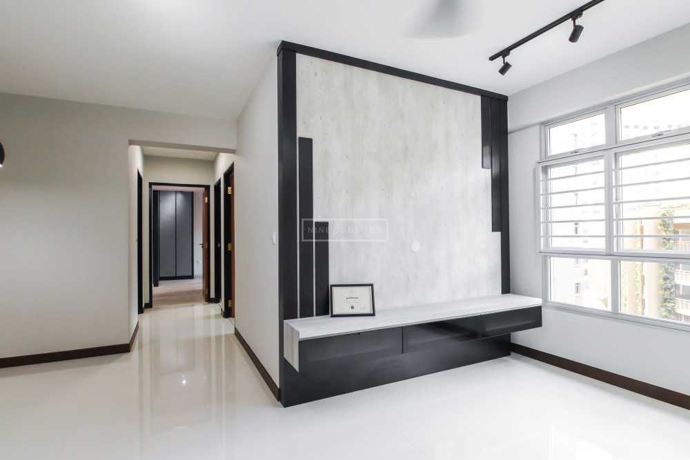 Modern Living Room with Homogeneous Tiles and TV Console