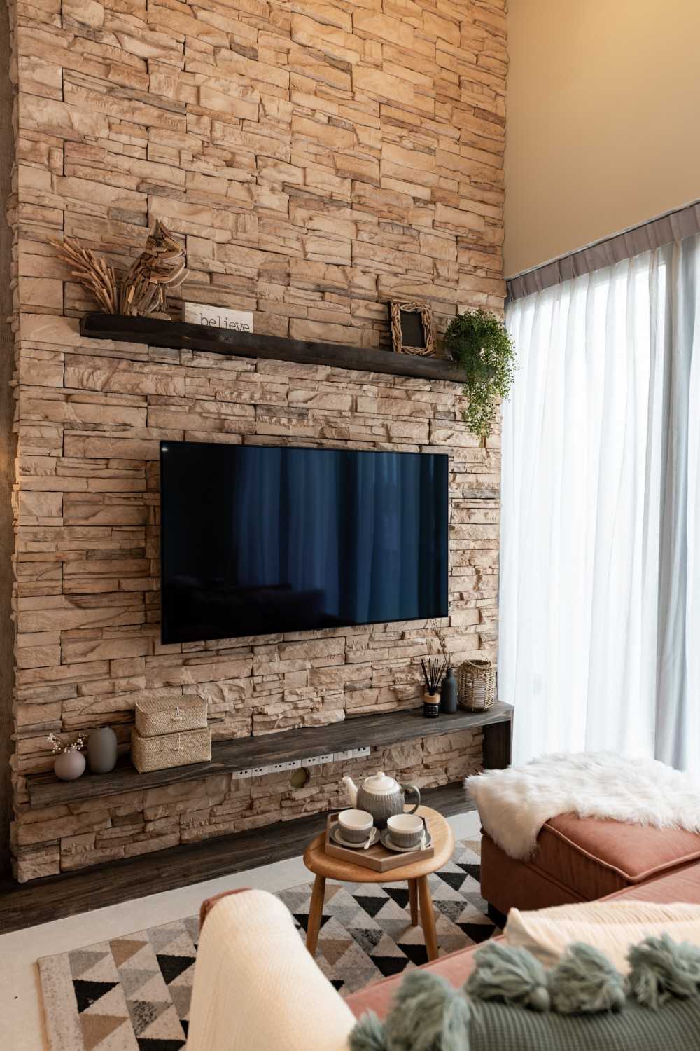 Scandinavian Living Room with TV Console and Feature Wall