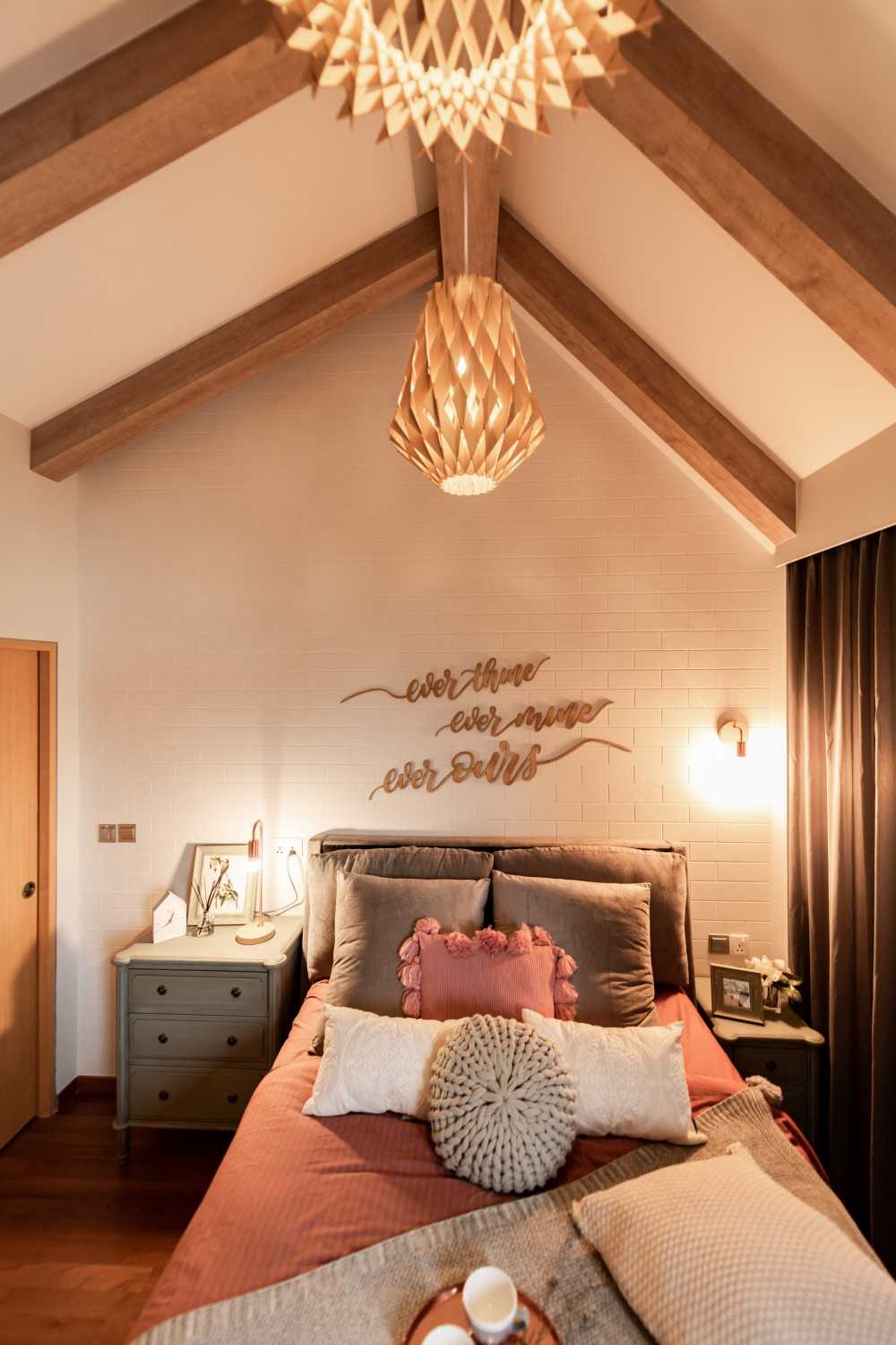 Scandinavian Bedroom with Ceiling Light and Bedside Table