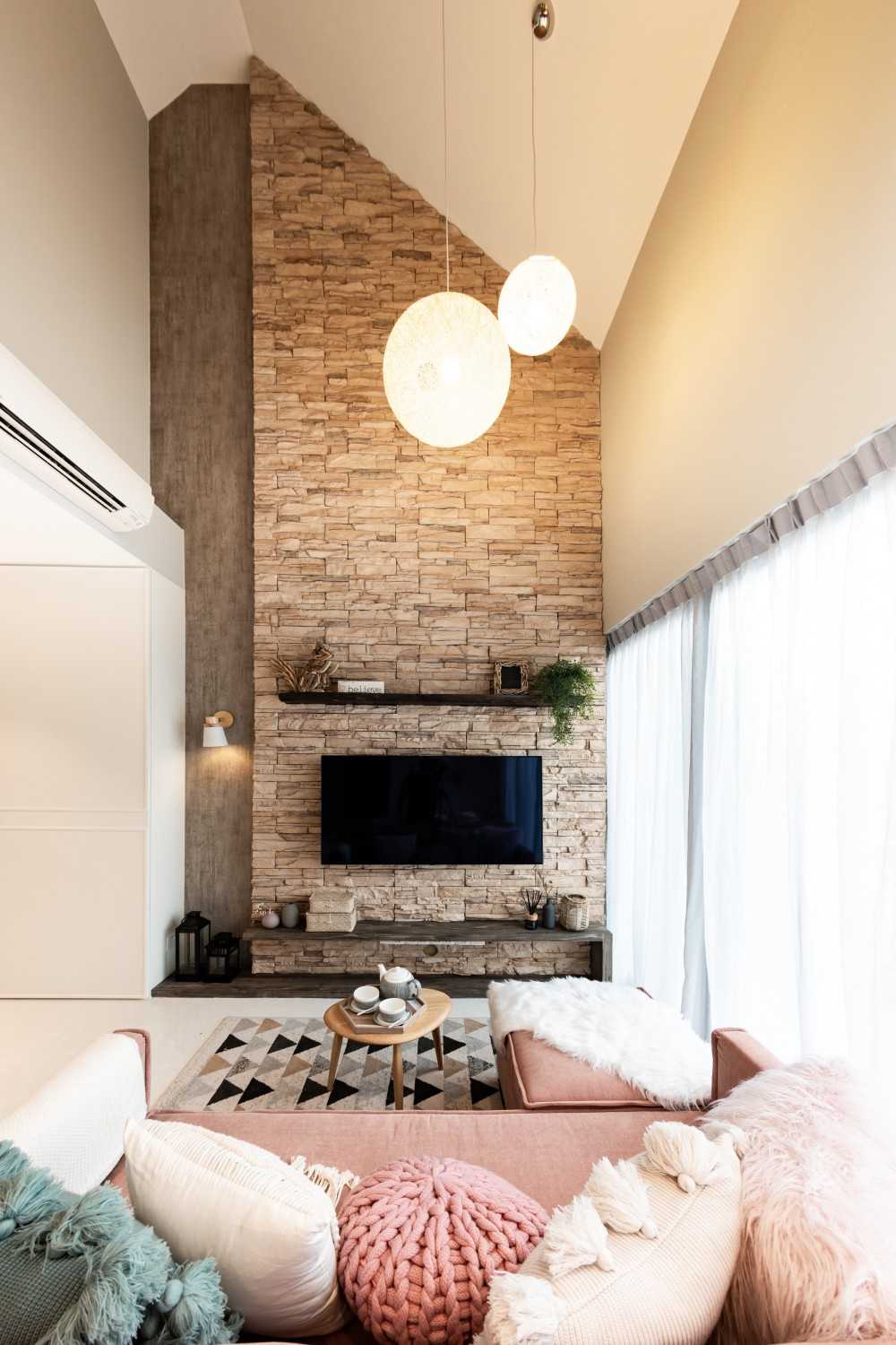 Scandinavian Living Room with TV Console and Feature Wall
