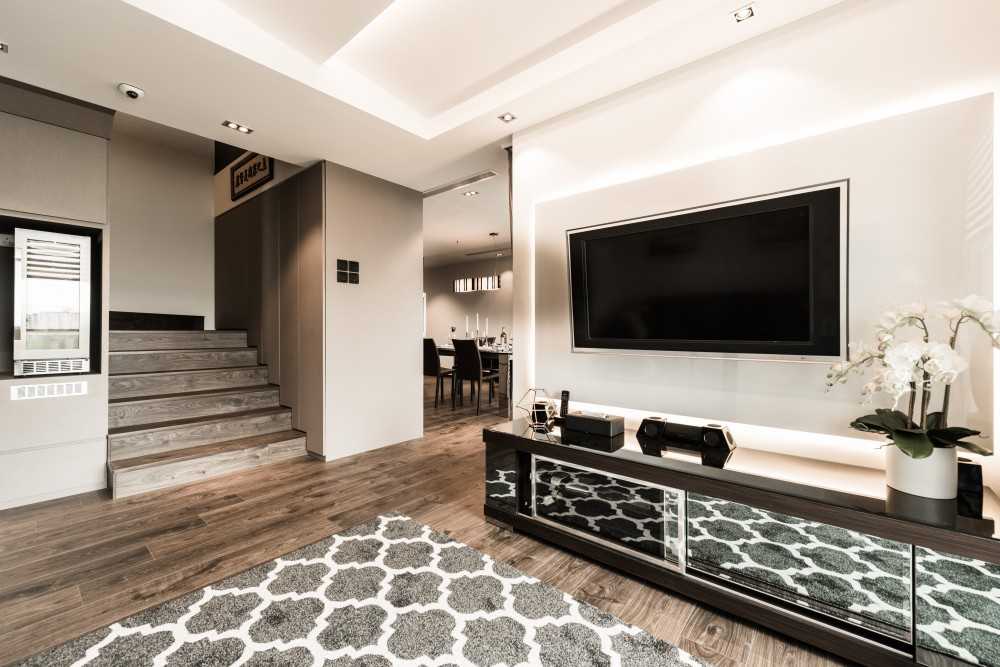Modern Living Room with TV Console and Mirror