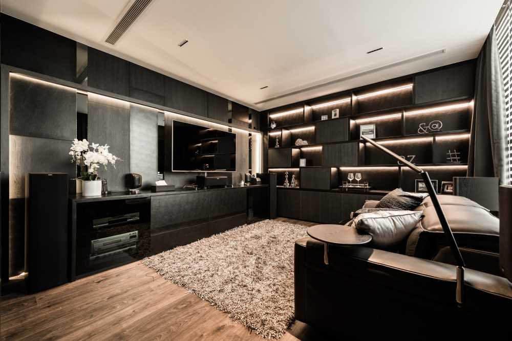 Modern Home Theatre with Bookshelf and TV Console