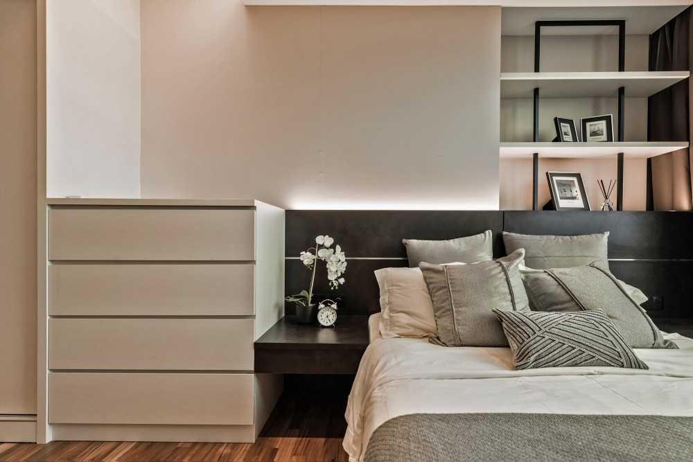 Modern Bedroom with Cove Lighting and Built-in Bed