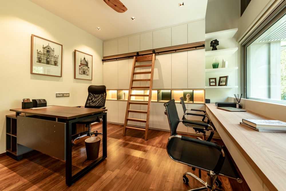 Contemporary Study with Bookshelf and Ceiling Light