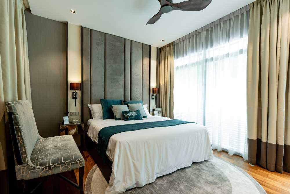 Contemporary Bedroom with Parquet Floor and Cove Lighting