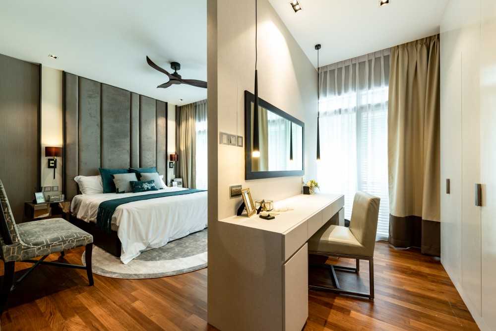 Contemporary Bedroom with Parquet Floor and Bedside Table