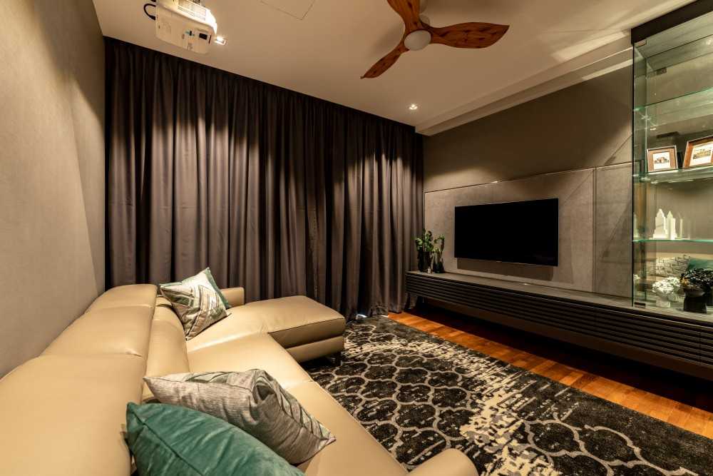 Contemporary Home Theatre with TV Console and Ceiling Fan