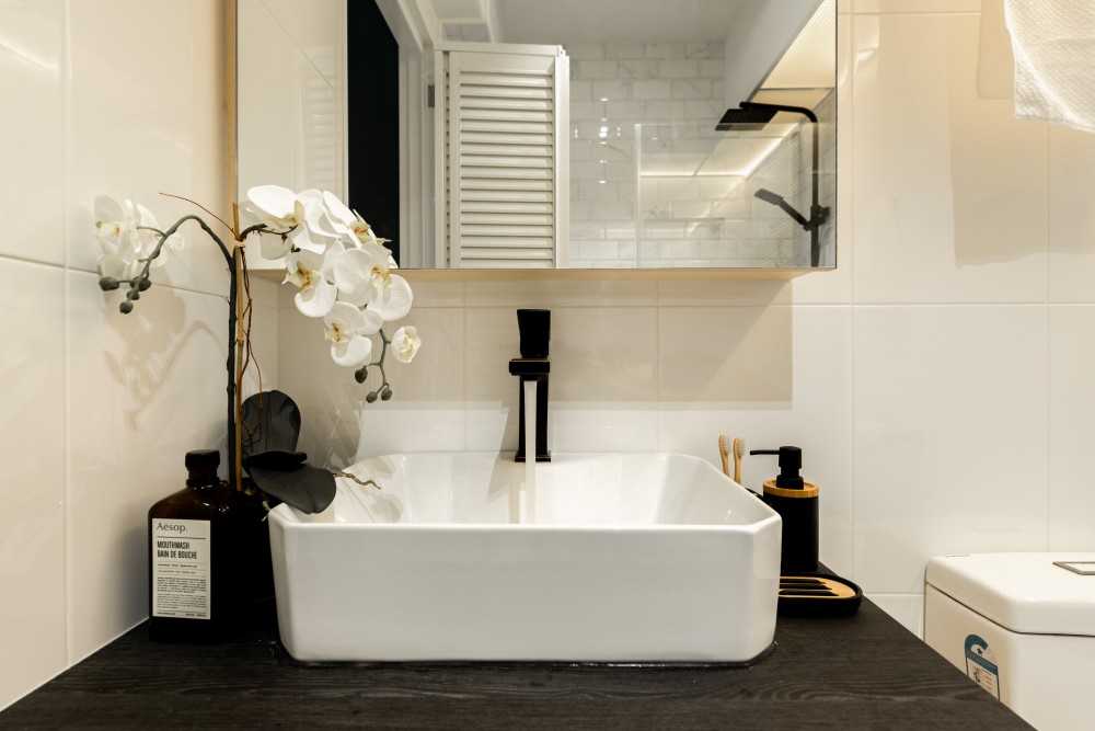 Scandinavian Bathroom with Countertop and Mirror