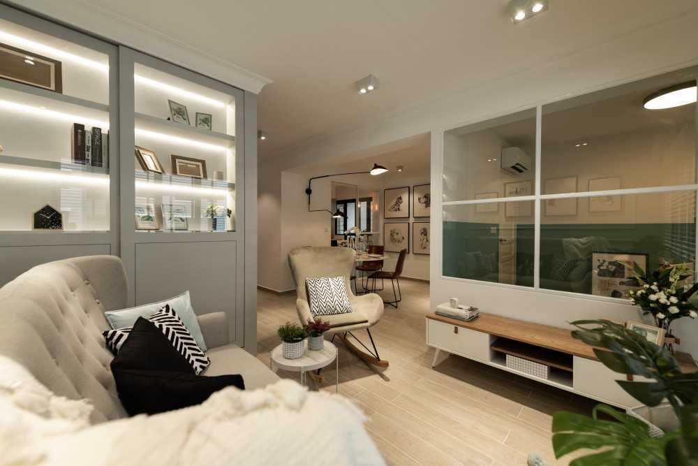 Scandinavian Living Room with Bookshelf and Vinyl Flooring