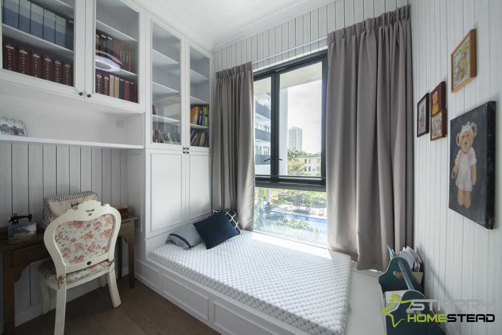 Country Bedroom with Platform Bed and Wall Shelves