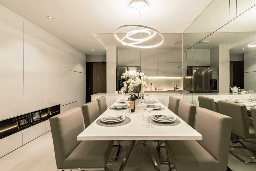 Modern Dining Room with Chandelier and Tableware