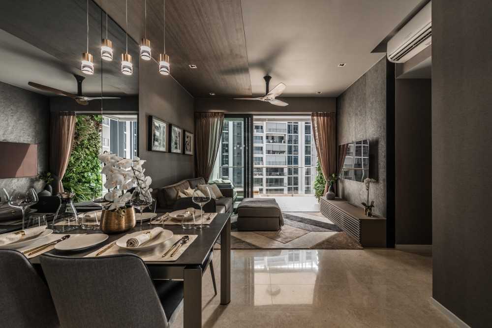 Asian Living Room with TV Console and Feature Wall