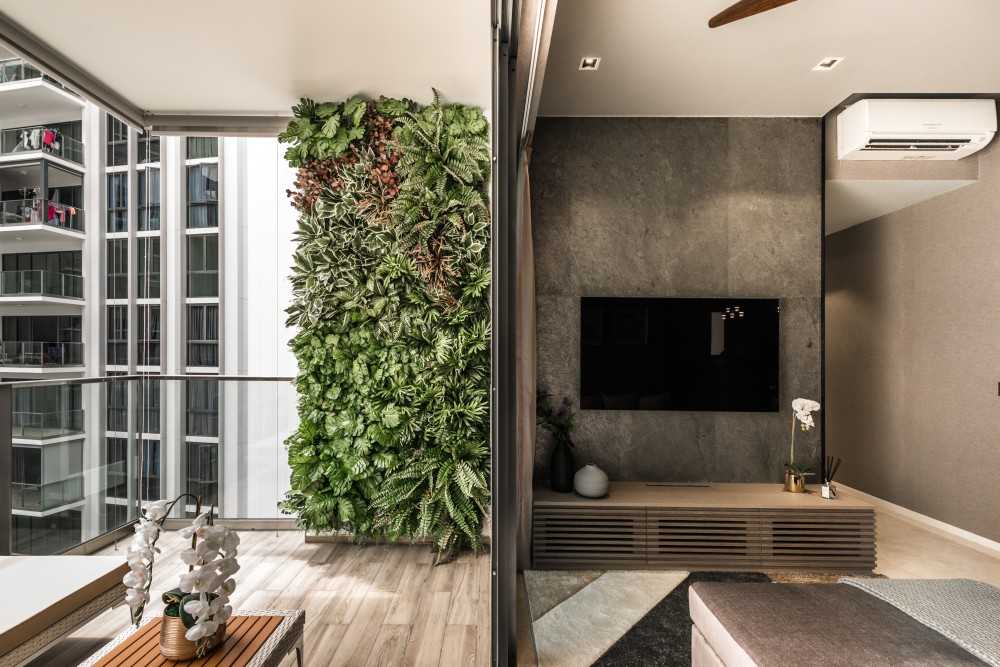 Asian Balcony with Curtain and Outdoor Table