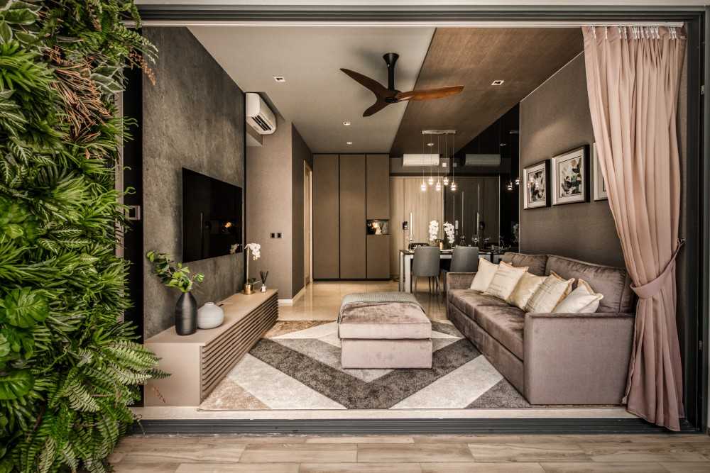 Asian Living Room with TV Console and Feature Wall