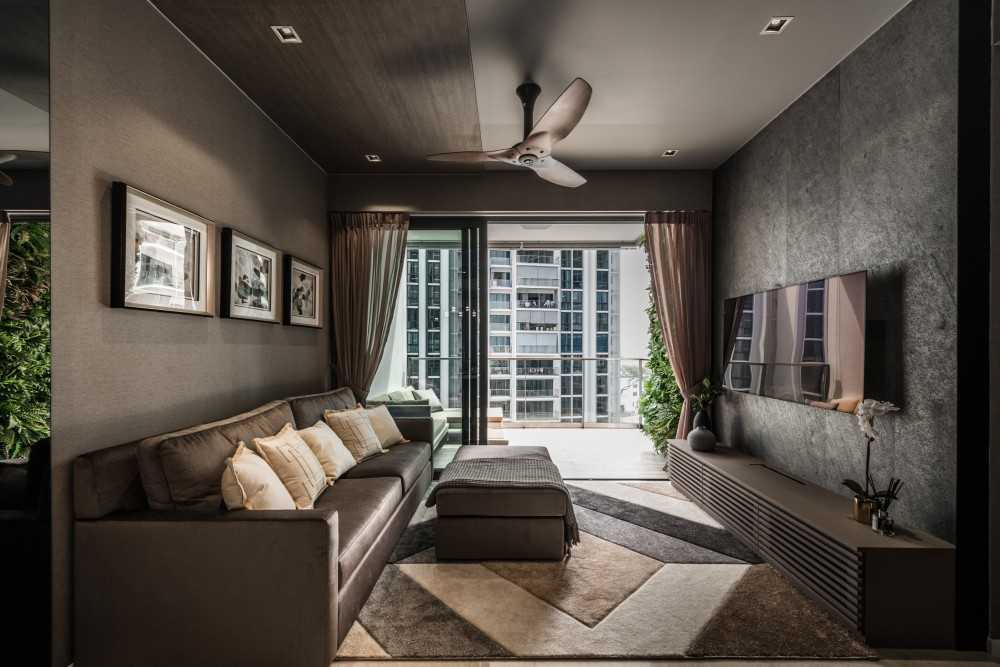 Asian Living Room with TV Console and Feature Wall