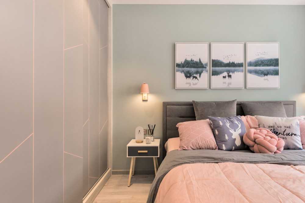 Scandinavian Bedroom with Vinyl Flooring and Cove Lighting