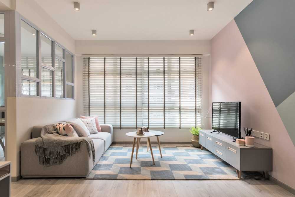 Scandinavian Living Room with TV Console and Feature Wall