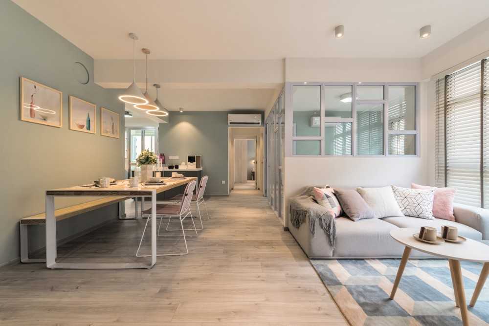 Scandinavian Living Room with TV Console and Feature Wall
