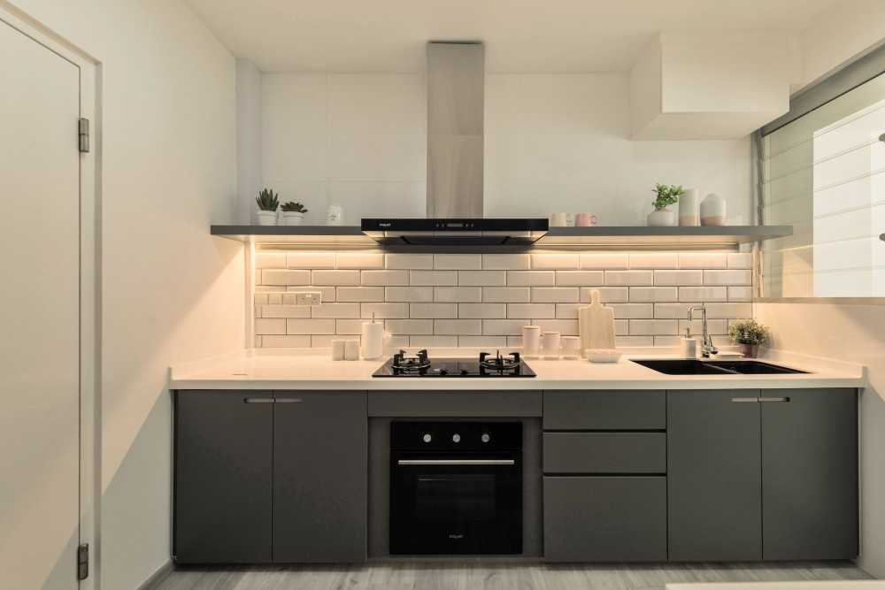 Scandinavian Kitchen with Countertop and Vinyl Flooring