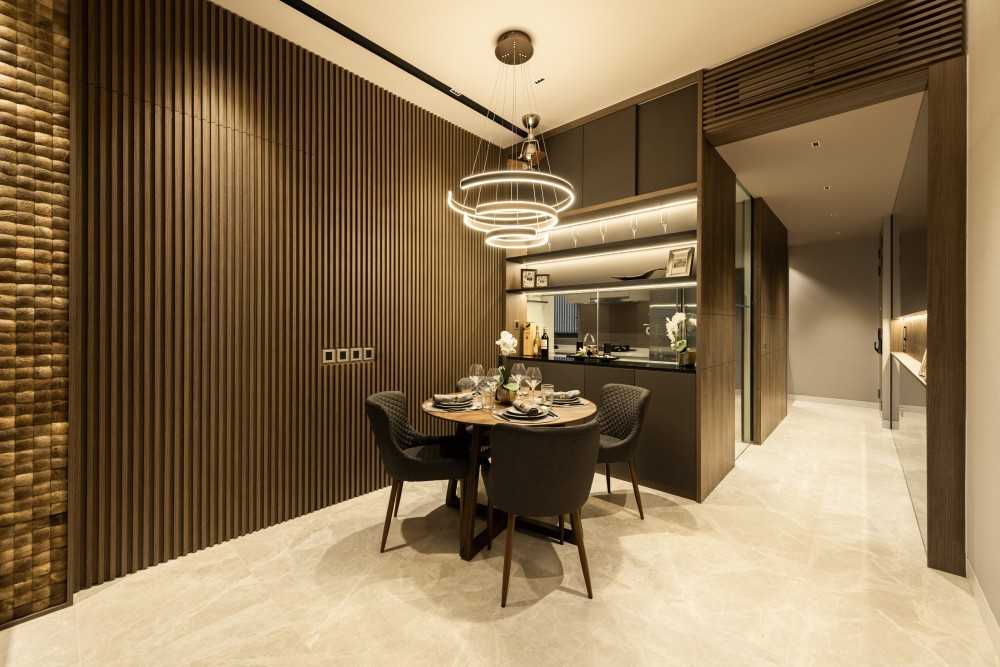 Asian Dining Room with Chandelier and Dining Table