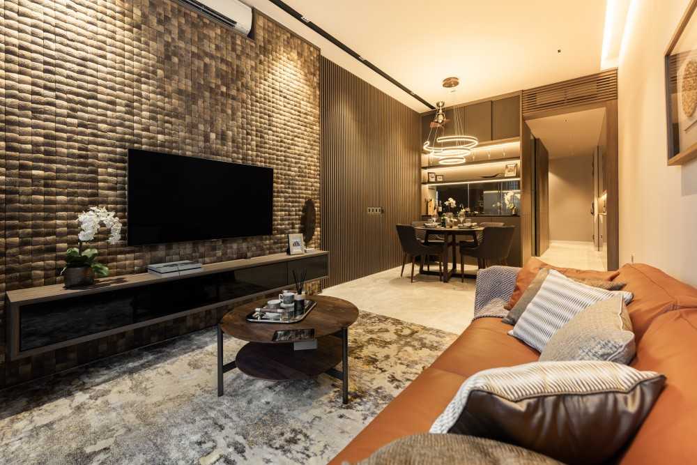 Asian Living Room with Marble Floor and TV Console