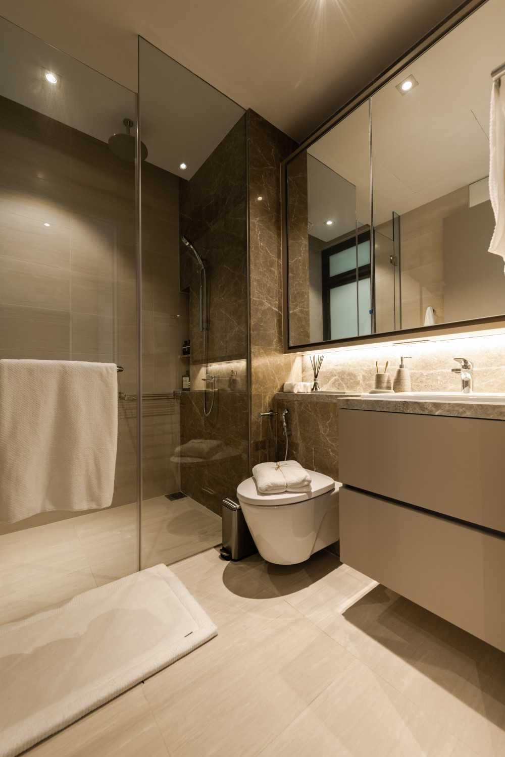 Asian Bathroom with Countertop and Mirror