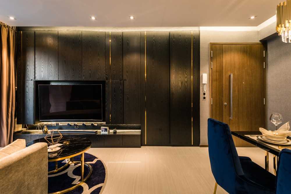 Eclectic Living Room with TV Console and Feature Wall