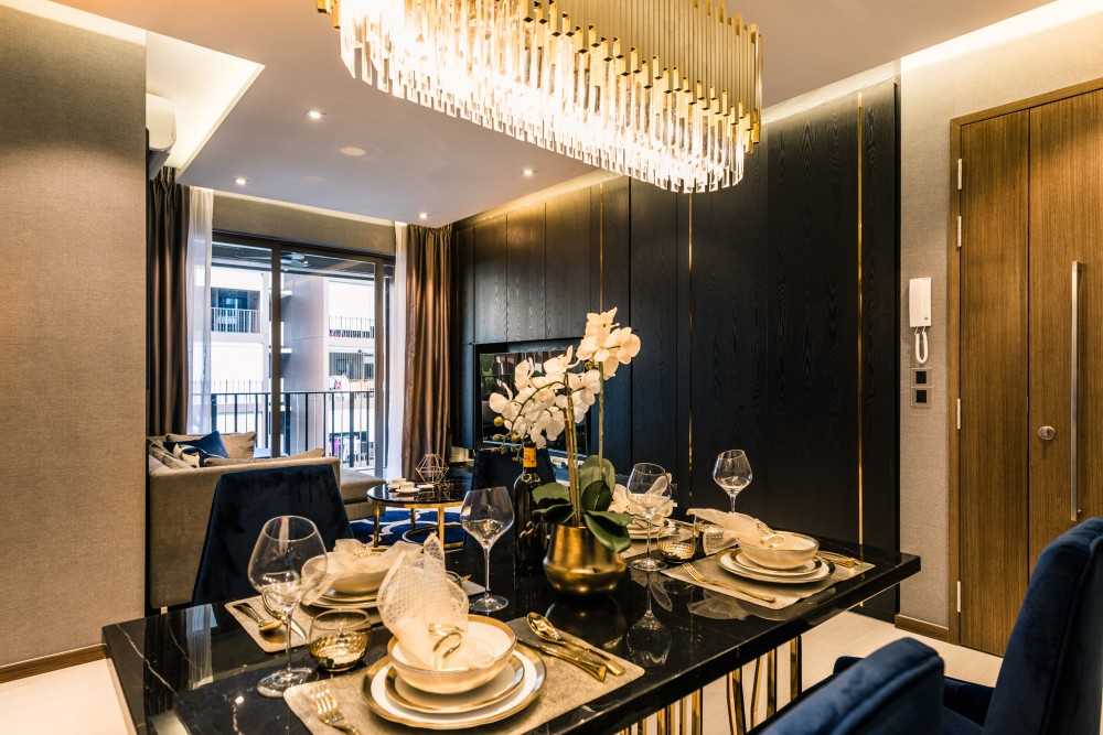 Eclectic Dining Room with Ceiling Light and Chandelier